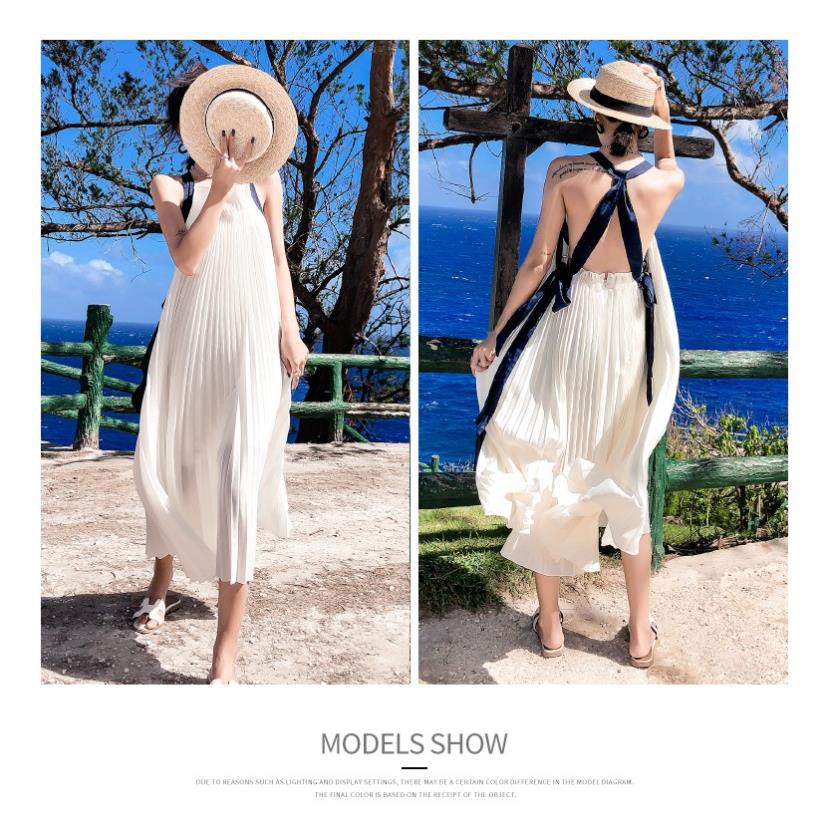 M57 - Váy voan maxi Ulzzang hai dây xếp ly thắt nơ eo hở lưng đi biển gợi cảm new