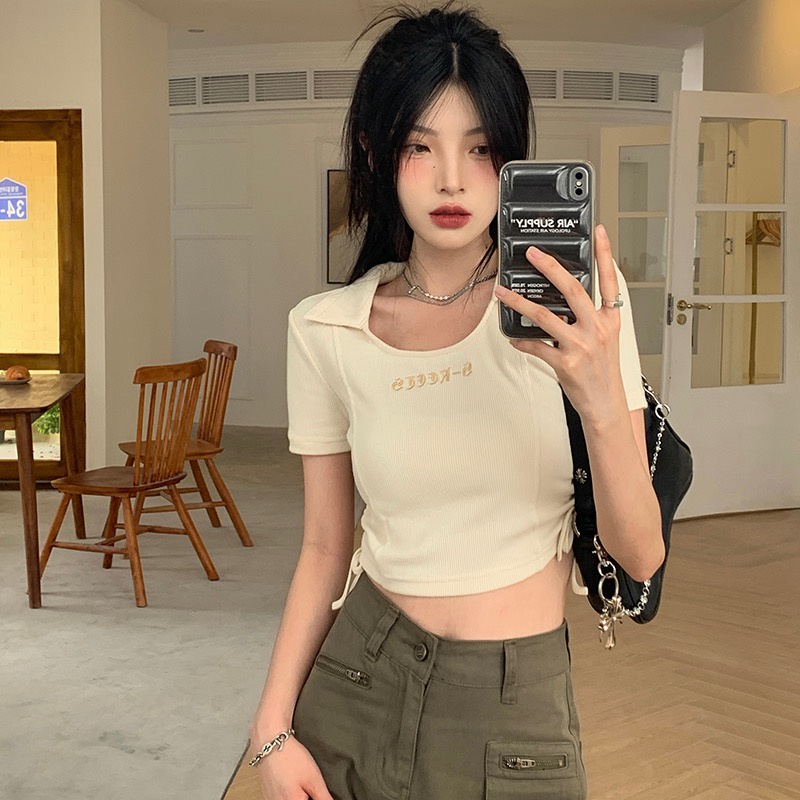 Áo croptop dệt kim QKOOLE tay ngắn dáng ôm phong cách Hàn Quốc cổ điển thời trang cho nữ