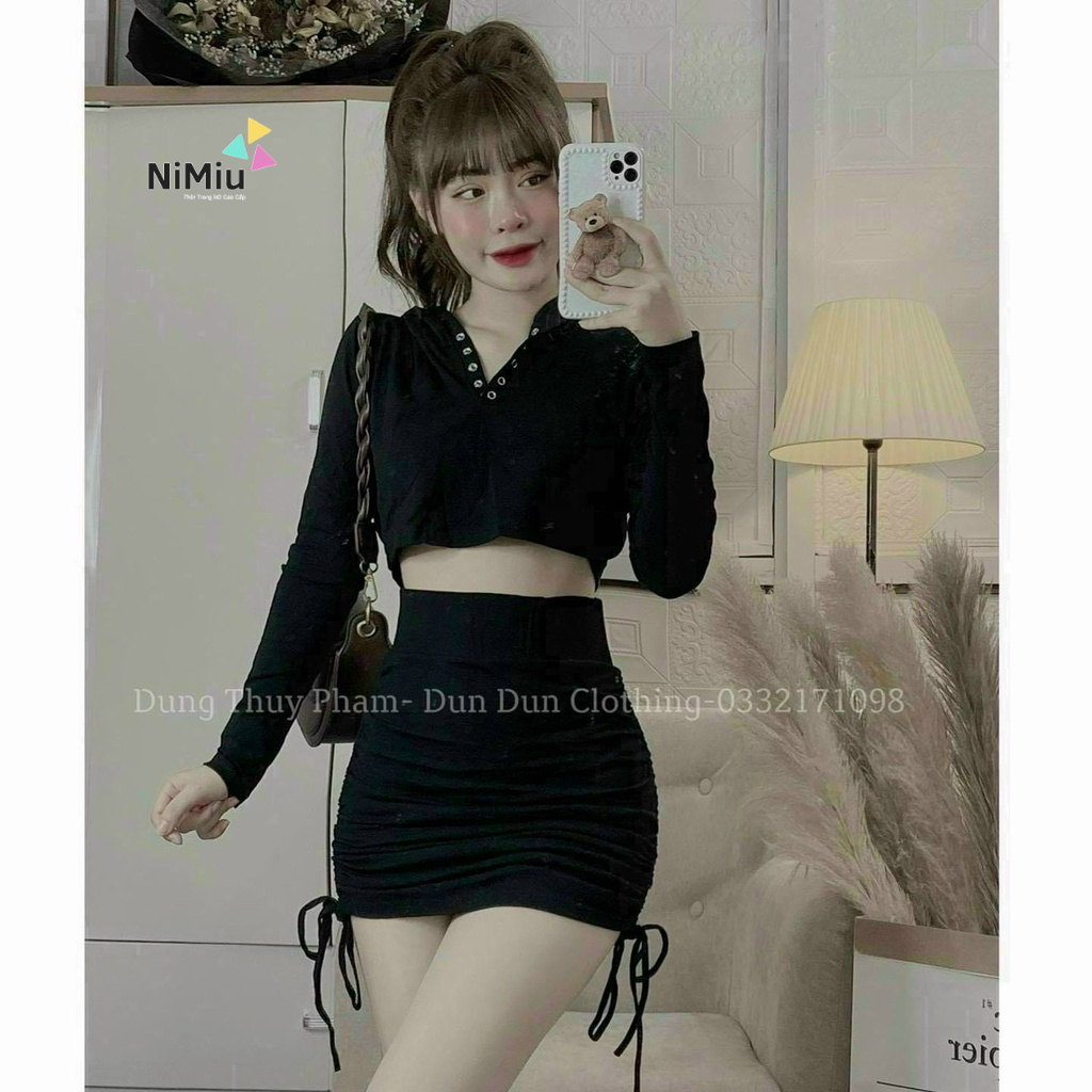 Sét váy thời trang nữ chất thun gân có  nón ôm body chân váy rút dây 2 bên