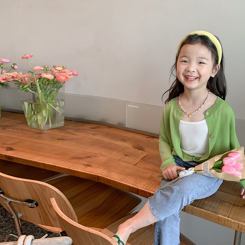 Áo Khoác Cardigan Dệt Kim Màu Trơn Chống Nắng Phong Cách Nhật Hàn Thời Trang Mùa Hè Cho Bé Gái