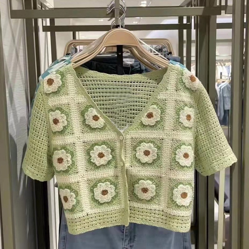 Áo Croptop Dệt Kim Tay Ngắn Cổ Chữ V Thêu Họa Tiết Hoa Thời Trang Mùa Hè Cho Nữ