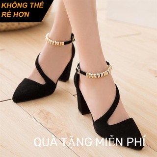 Giày Cao Gót Đế Vuông 5cm Mũi Nhọn Basic Màu Đen