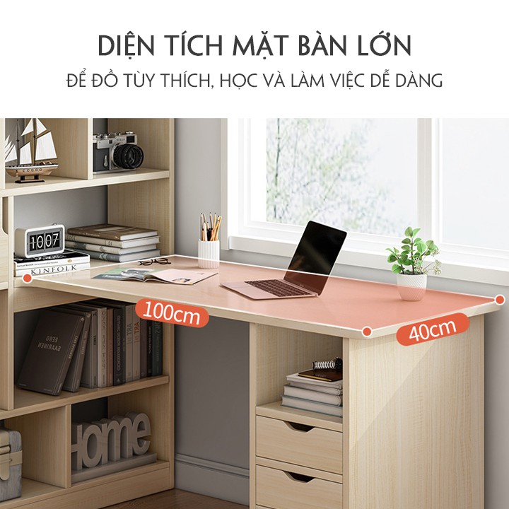 [Ảnh thật] Bàn học, bàn làm việc bằng gỗ có giá sách, tủ tài liệu, ngăn kéo chất liệu gỗ hàng xuất khẩu KAWAII HOME