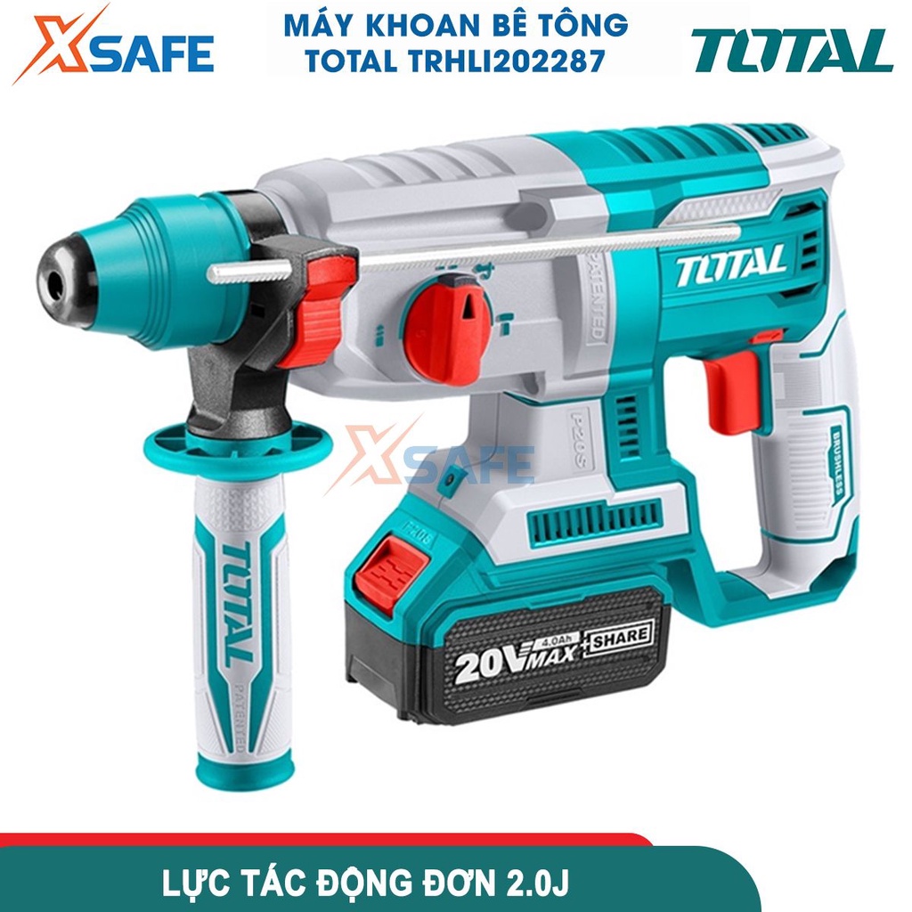 Máy khoan bê tông dùng pin 20V TOTAL TRHLI202287 không chổi than, tốc độ 1100v/p, lực đập 2J, khoan bê tông Φ26 - XSAFE