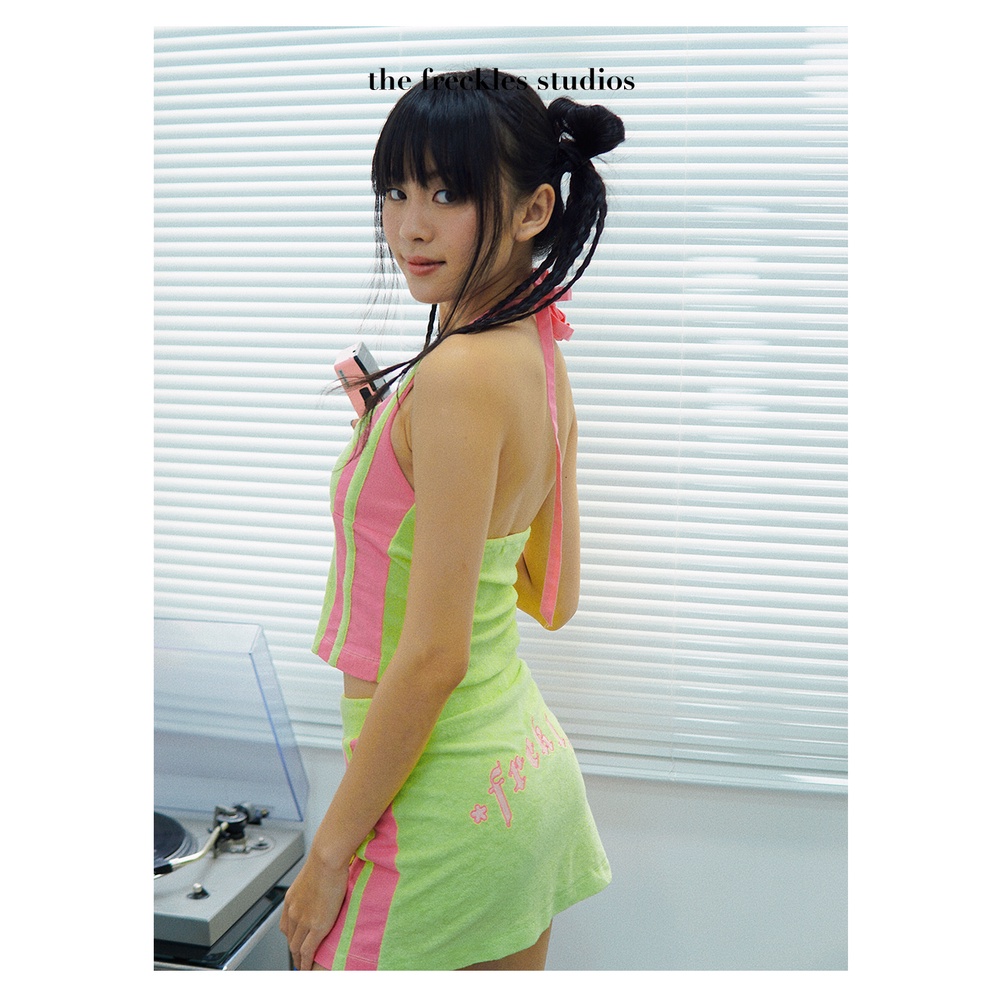 Set Đồ Nữ Freckles Studios Áo Yếm Cột Dây Và Chân Váy Chữ A Thun Lông Thoải Mái