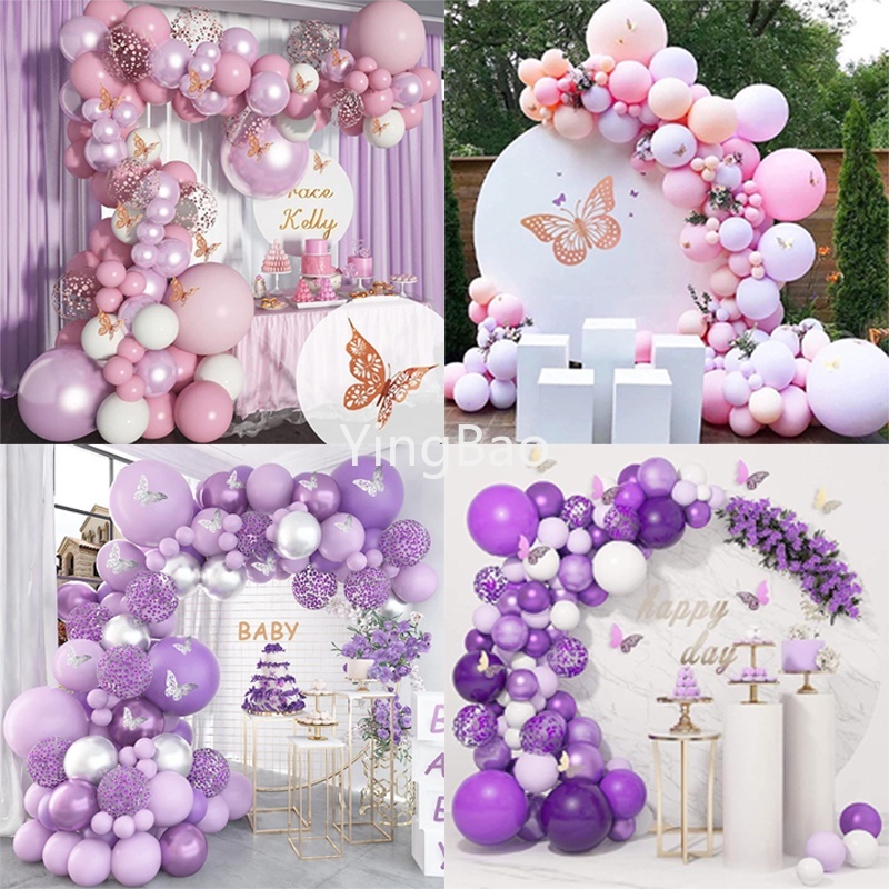 Bộ Bong Bóng Vòng Hoa Màu Hồng / Tím Kèm Nhãn Dán Hình Bướm Trang Trí Tiệc Sinh Nhật / Đám Cưới / Đính Hôn / Giáng