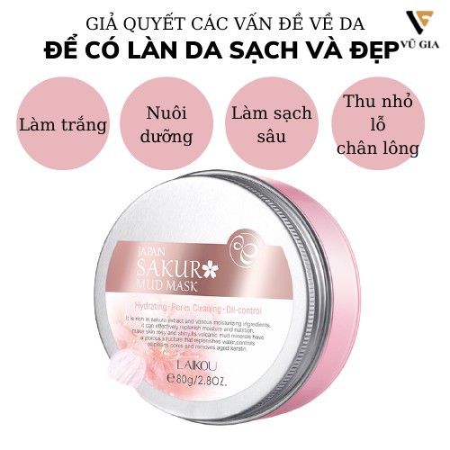 Mặt Nạ Đất Sét, Mặt Nạ Bùn Đất Sét Hoa Anh Đào LAIKOU Dưỡng Trắng Dưỡng Ẩm Loại Bỏ Mụn Đầu Đen Giúp Da Mịn Màng 80g