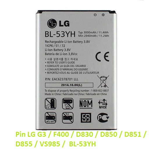 Pin LG G3 / F400 / D830 / D850 / D851 / D855 / VS985 /  BL-53YH