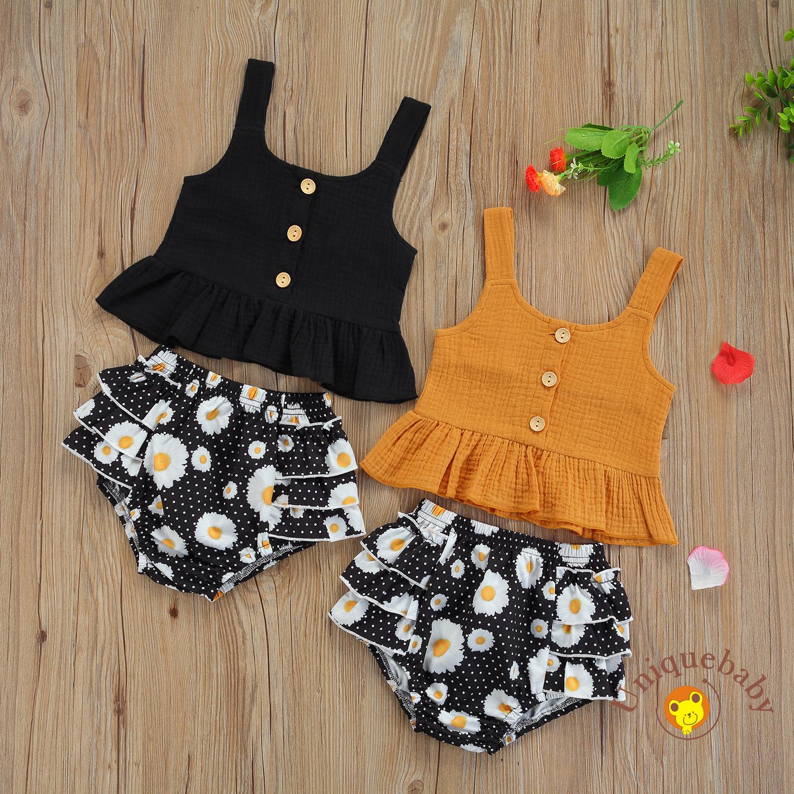 Set Đồ Mùa Hè 2 Món Áo Tank Top Cài Nút Màu Trơn + Quần Dài Nhiều Lớp Đính Hoa Cho Bé Gái 6 Tháng Đến 4 Tuổi