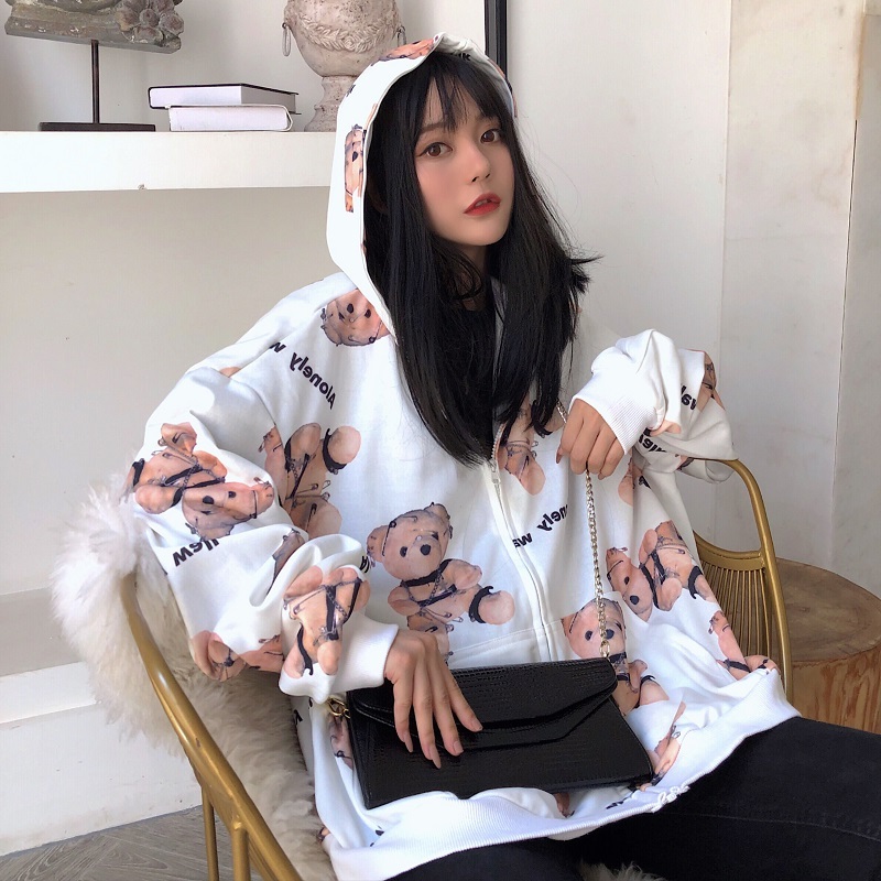 NEW Áo Khoác Cardigan Có Mũ Dáng Rộng In Hình Gấu Dễ Thương Thời Trang Mùa Thu Cho Nữ | BigBuy360 - bigbuy360.vn