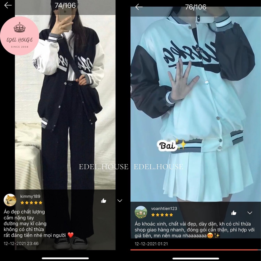 Áo khoác bomber varsity jacket nam nữ EDEL HOUSE in chữ Alaska form rộng trắng đen unisex chất nỉ E537