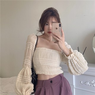 Áo croptop trễ vai tay phồng gấp nhún màu nude be Hàn Quốc hàng Quảng Châu