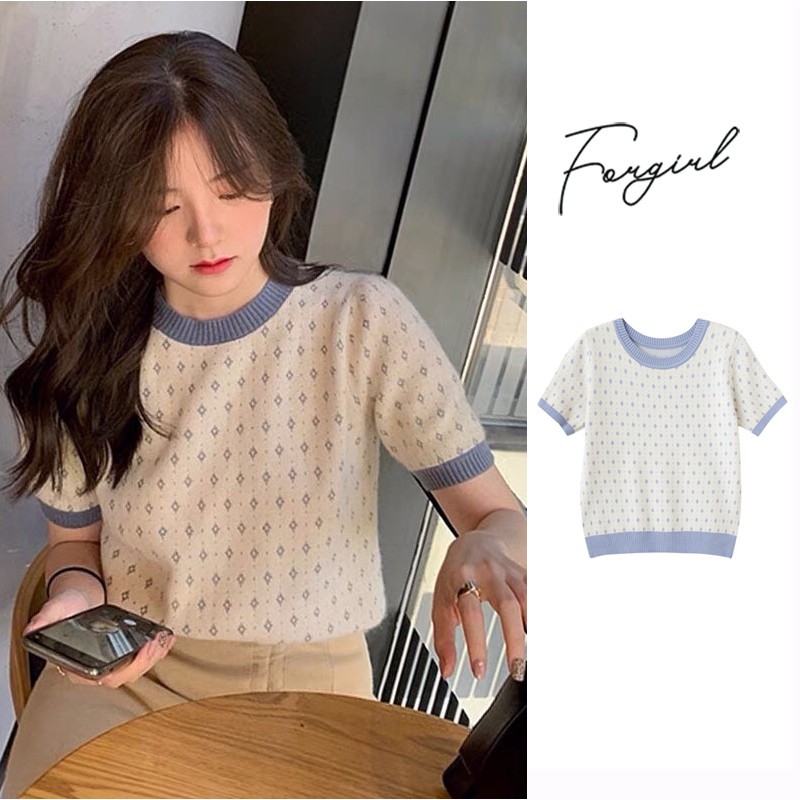 Áo phông hoạ tiết nhí tay nhí forgirl phối viền xanh thanh lịch