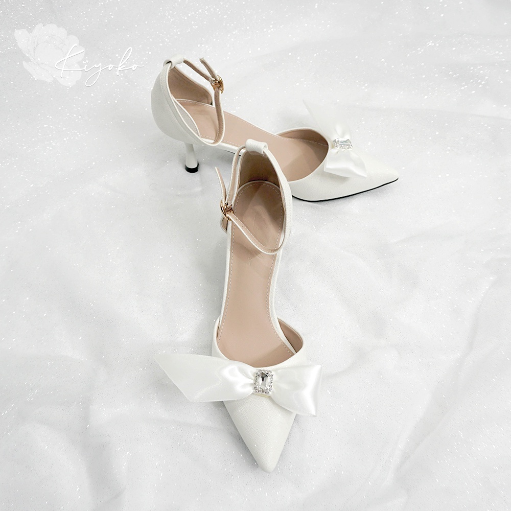 Giày cưới Kiyoko đính nơ satin cách điệu cao 7cm có quai