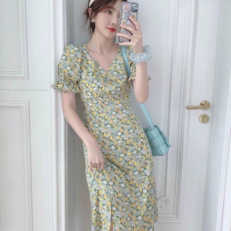 Đầm hoa nhí xanh tay bồng nhún ngực xẻ tà