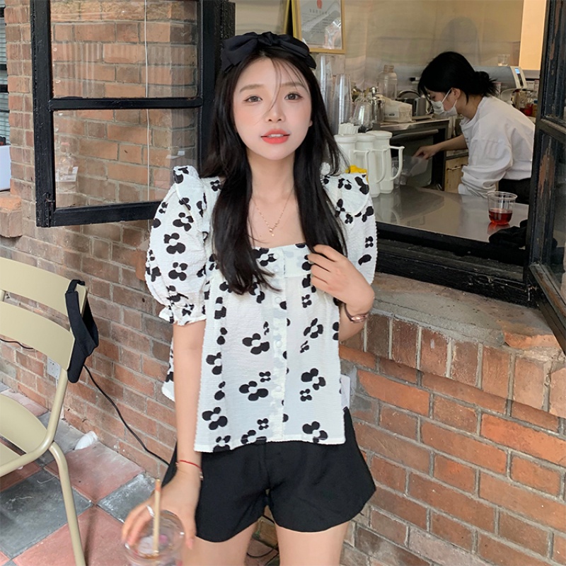 Áo Kiểu Tay Ngắn Cổ Vuông In Họa Tiết Hoa Thời Trang Mùa Hè Dễ Phối Đồ