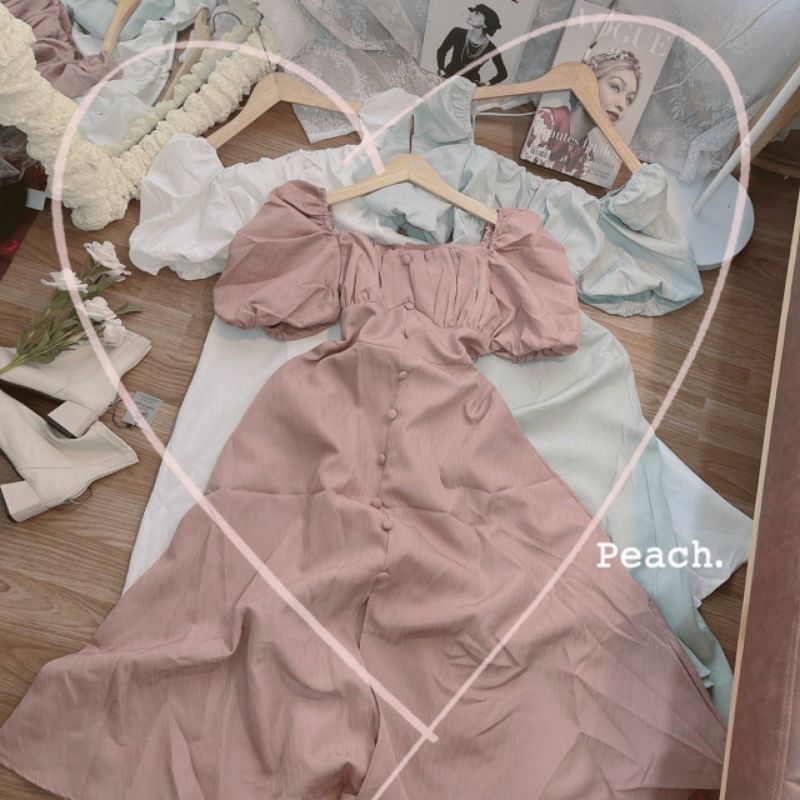 FREESHIP❣Đầm maxi cổ vuông tay bồng nút bọc chất đũi mềm trắng/hồng/xanh hàng chuẩn form kèm ảnh thật