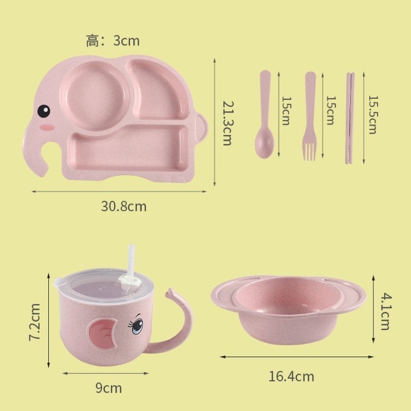 (Tặng cốc có nắp đậy và ống hút mềm) Bộ Khay Ăn hình chú voi xinh xắn bằng nhựa an toàn cho các bạn nhỏ