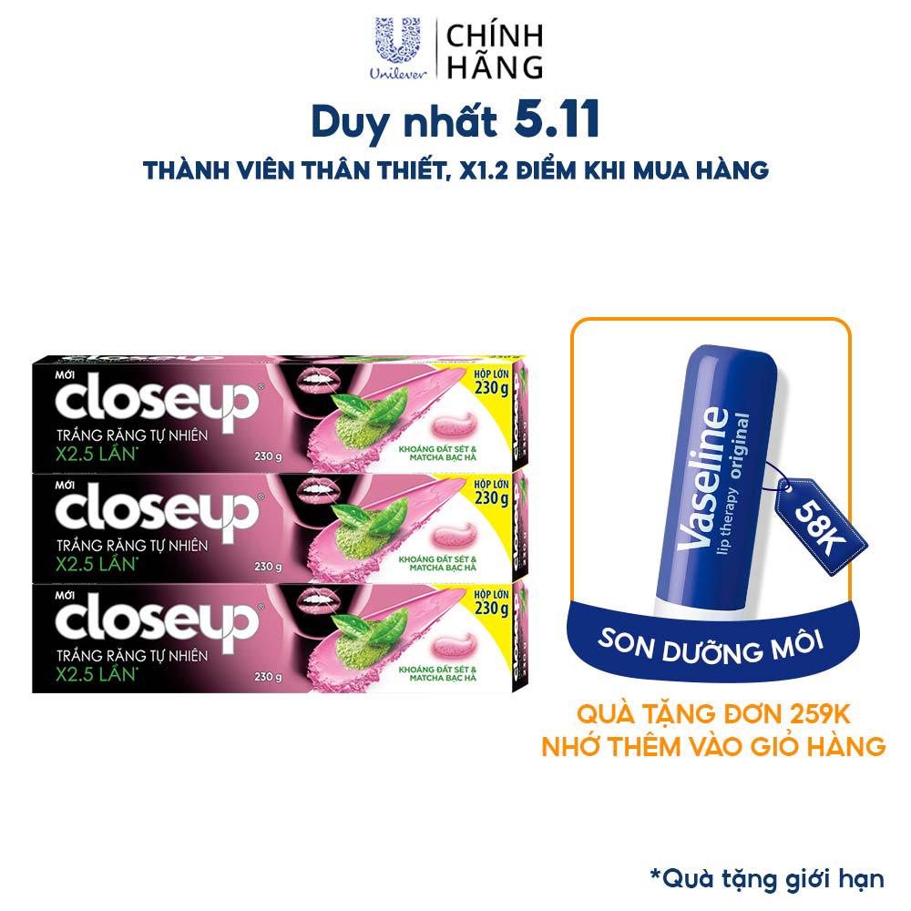 Combo 3 Kem đánh răng dạng Gel Closeup Trắng Răng Tự Nhiên Đất Sét và Matcha Bạc Hà 230g/ tuýp