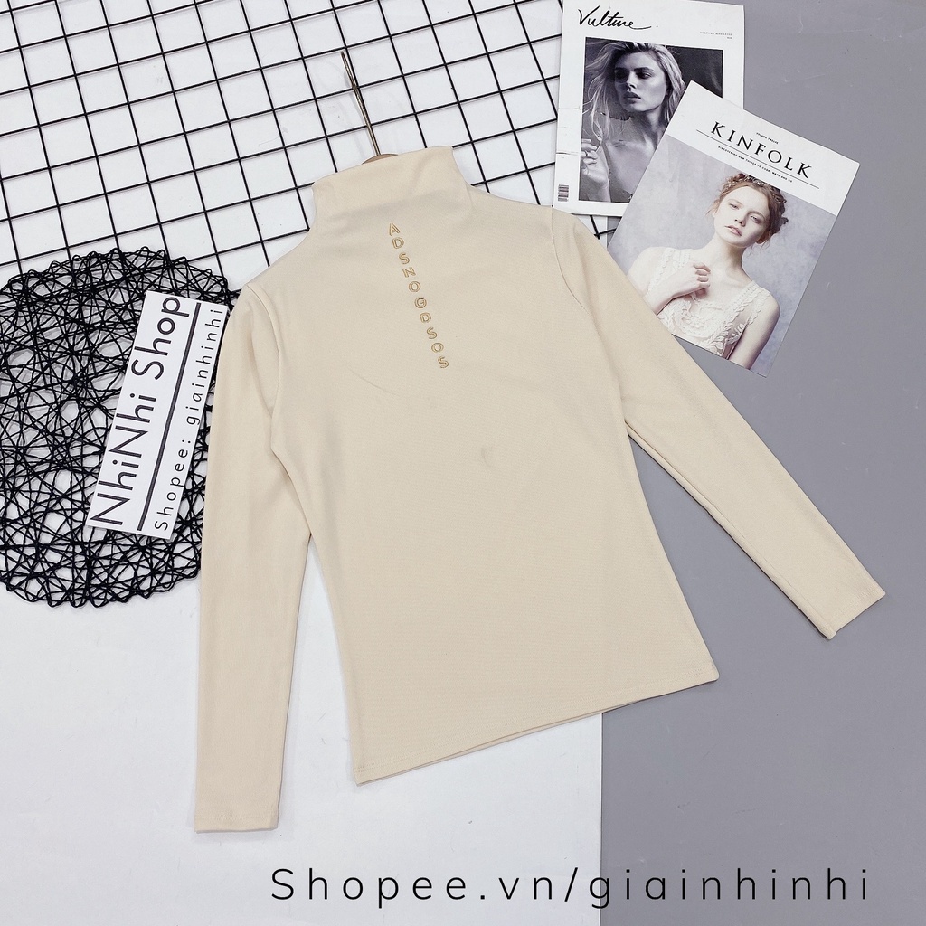 Áo thun tăm cổ cao dài tay, Áo phông thêu chữ dáng ôm co giãn 8211 - NhiNhi Shop