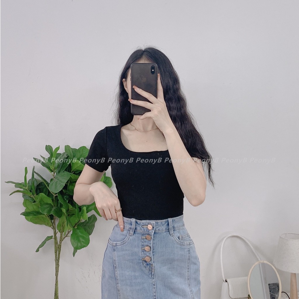 Áo thun croptop cổ vuông cộc tay nữ - Phông tay lỡ dáng ngắn ôm body sexy ulzzang SIÊU HOT