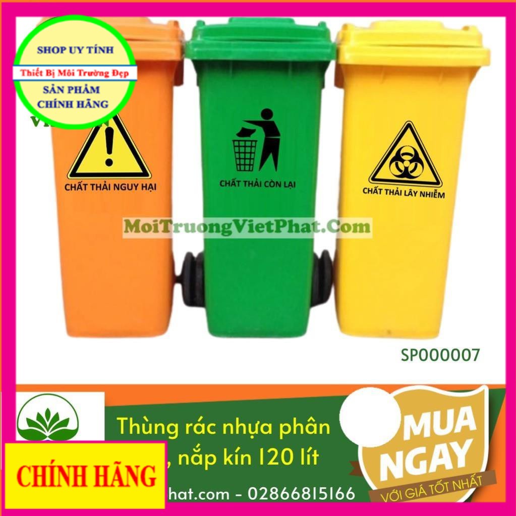 Thùng rác nhựa đựng dán nhãn phân loại rác lây nhiễm y tế, nguy hại, thông thường, tái chế nắp kín 120 lít Viphaen
