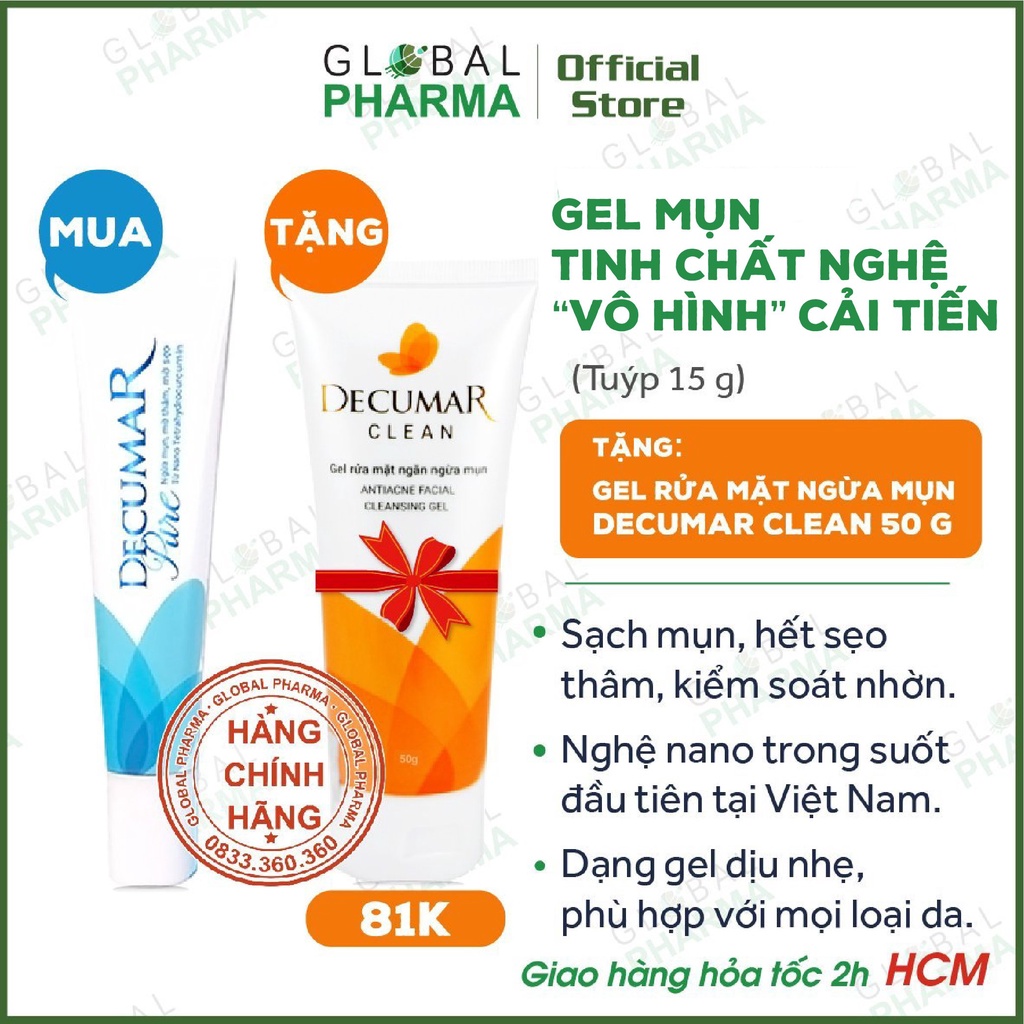 DECUMAR 1 Gel Ngừa Mụn +1 Sữa Rửa Mặt Ngừa Mụn, Giảm Thâm Nano Nghệ