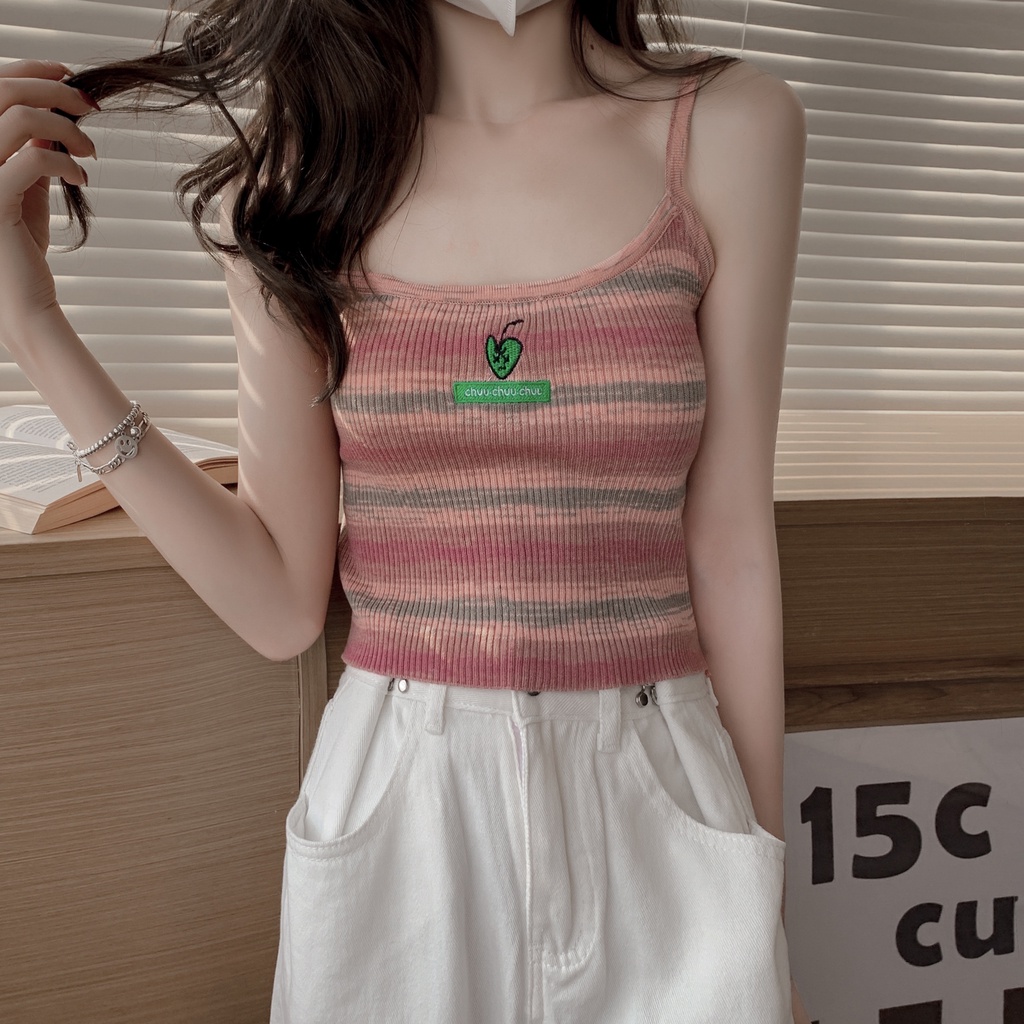 SUXI Áo Hai Dây Dáng Ôm Họa Tiết Kẻ Sọc Thời Trang Mùa Hè Dễ Phối Đồ Cho Nữ