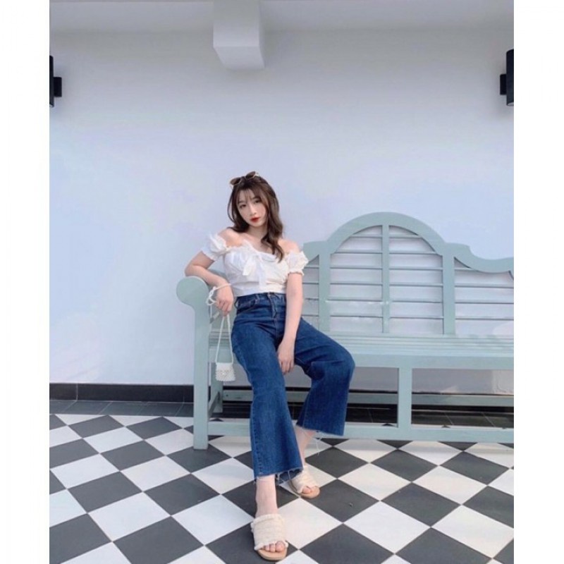 Quần baggy jean ống rộng lai tua màu xanh đậm thời trang teen KKShopFashion