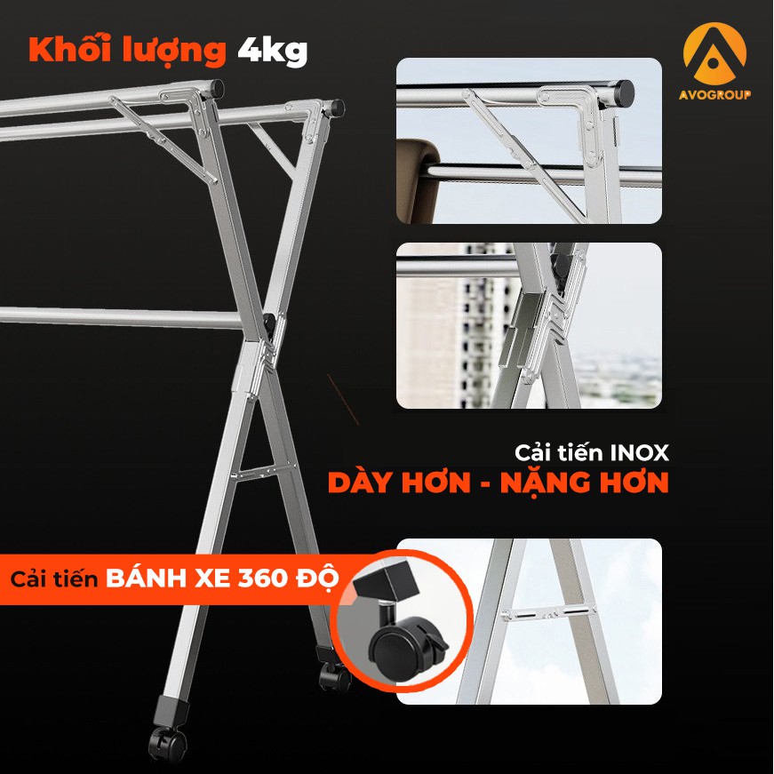 Giàn Phơi Quần Áo Có BÁNH XE AVOHOME Treo Đồ Thông Minh Dạng Cây Tặng 22 Móc Treo Loại Giàn, Giá INOX Gấp Gọn