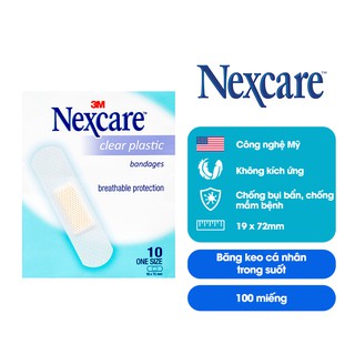 Băng keo cá nhân Nexcare 3M 19x72mm 100 miếng/hộp - Trong suốt, keo y tế siêu dính tinh khiết, co dãn tốt CLEARS10