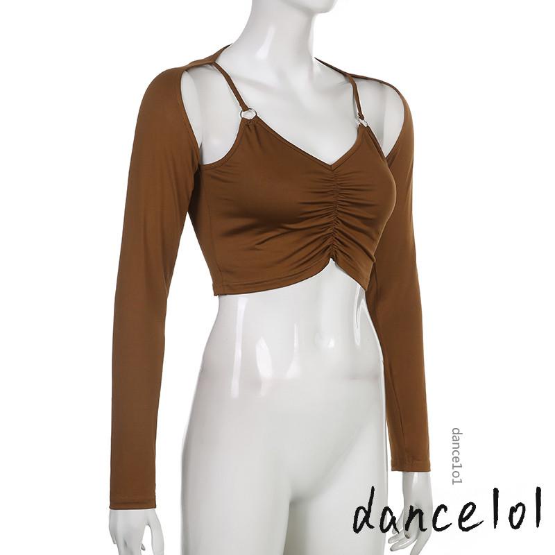 Áo Croptop Tay Dài Cổ Chữ V Màu Trơn Thời Trang Mùa Hè Cho Nữ 1O1