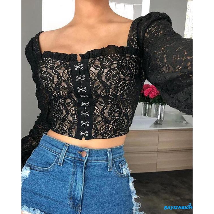 Áo Croptop Cổ Chữ U Phối Ren Màu Trơn Quyến Rũ Dành Cho Nữ