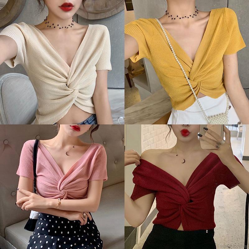 Áo croptop dệt kim thiết kế đan chéo quyến rũ cho nữ
