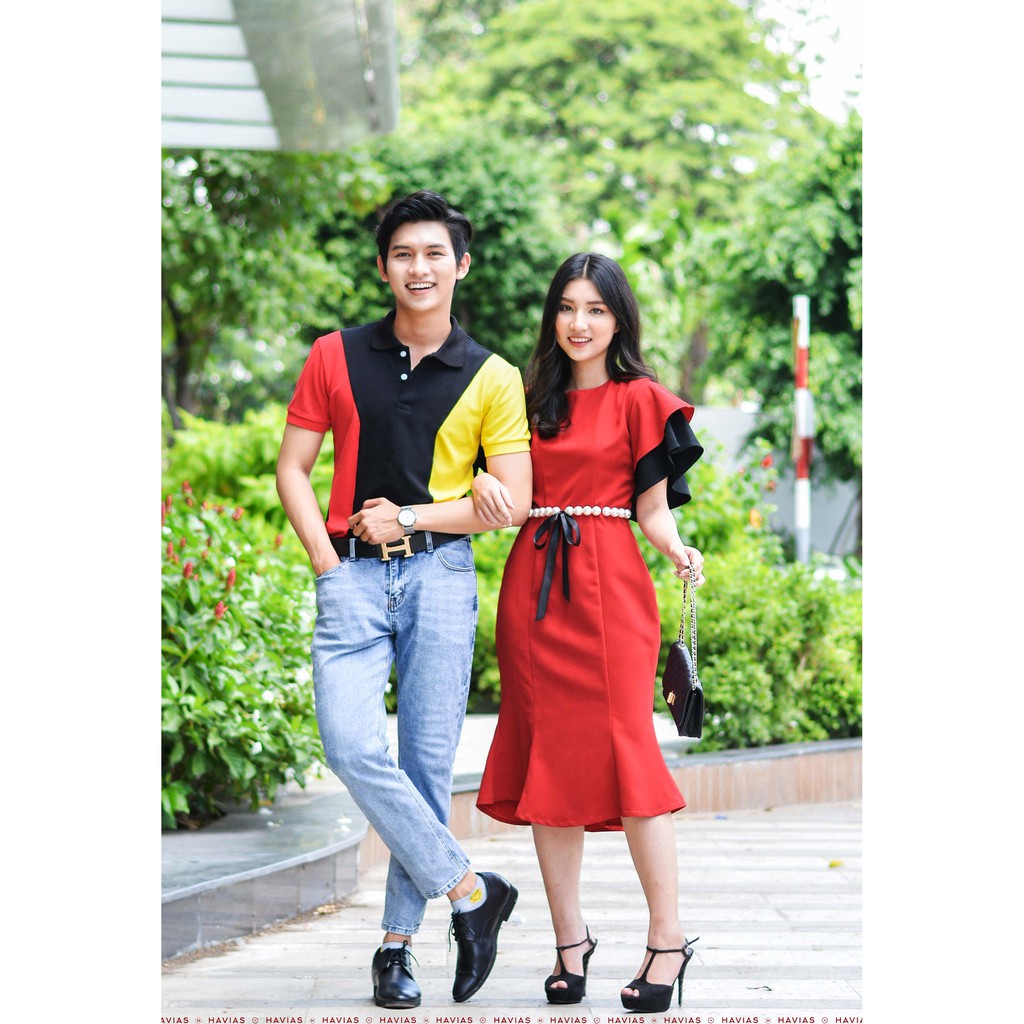 Cascade Dress &amp;Black Mix Red Yellow Polo Havias cặp đôi đầm nữ và áo thun polo nam phù hợp đi tiệc