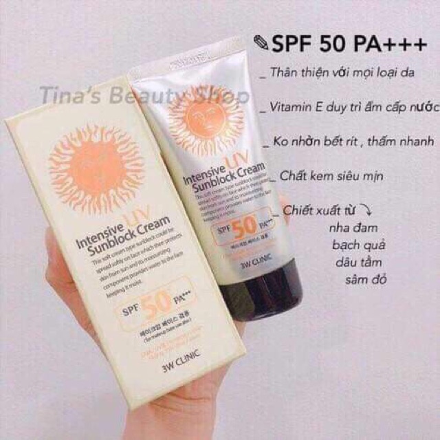 Kem chống nắng 3W Clinic Intensive UV Sunblock Cream SPF 50+ PA+++