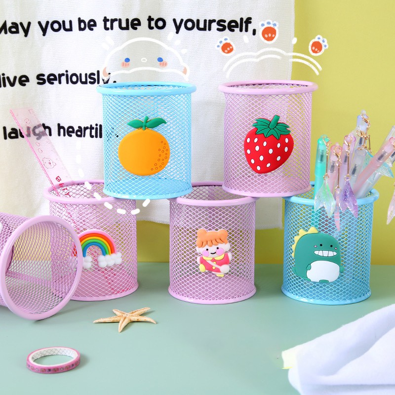 Hộp đựng bút để bàn bằng kim loại tròn nhiều hình cute dễ thương
