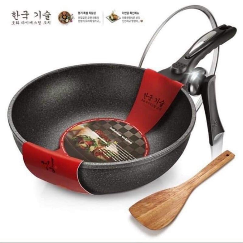 Chảo Đá Hàn Quốc Chống Dính Siêu Bền Siêu Dày Dặn Size 32cm Có Nắp Kèm Thìa -Gbear_Shop