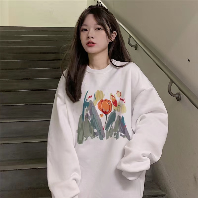 Áo sweatshirt ZHELIHANGFEI tay dài họa tiết hoa tulip phong cách đi học dễ phối đồ trẻ trung