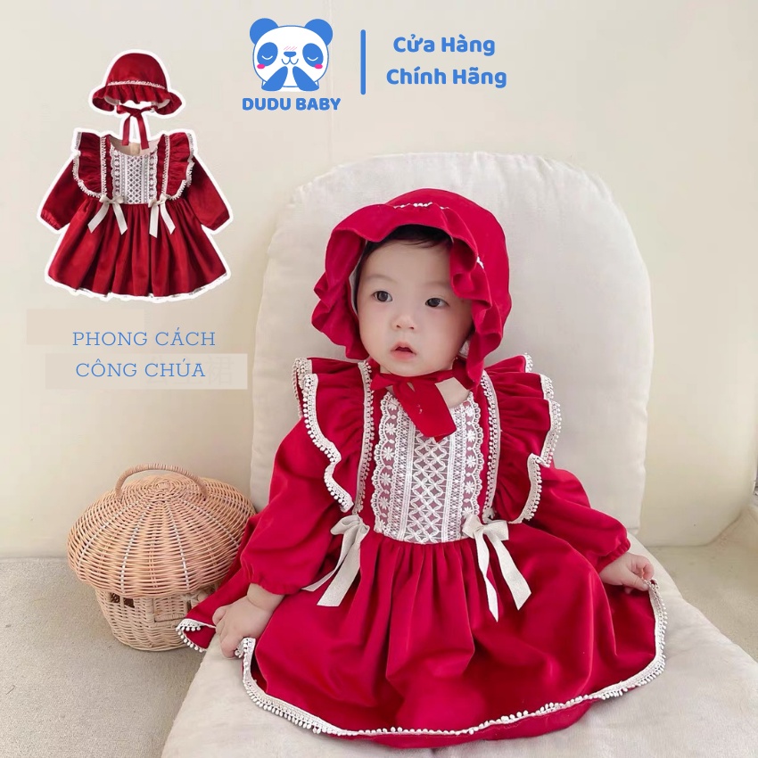Sét váy nhung đỏ cho bé Dudu Baby Váy nhung đỏ tết cho bé gái từ 6-15kg chất vải nhung mềm cao cấp kèm với mũ choàng