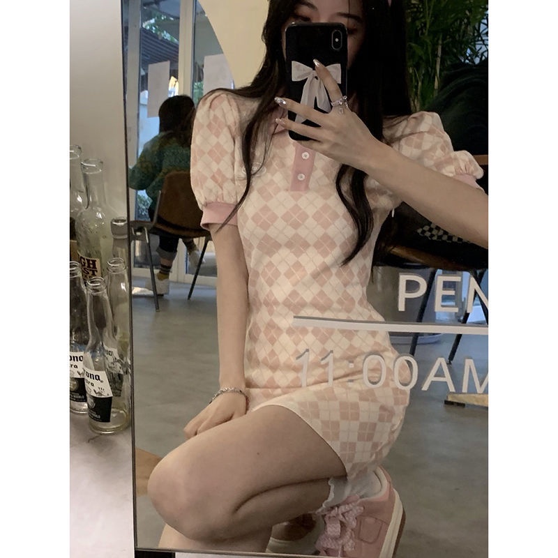 COZOK Đầm Tay Ngắn Cổ polo Họa Tiết Hình Thoi Hợp Thời Trang