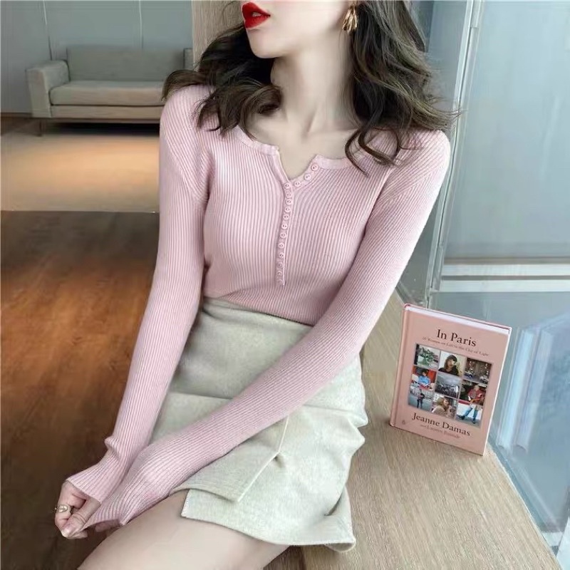 Áo len dài tay cổ V đóng cúc freesize 40-70kg
