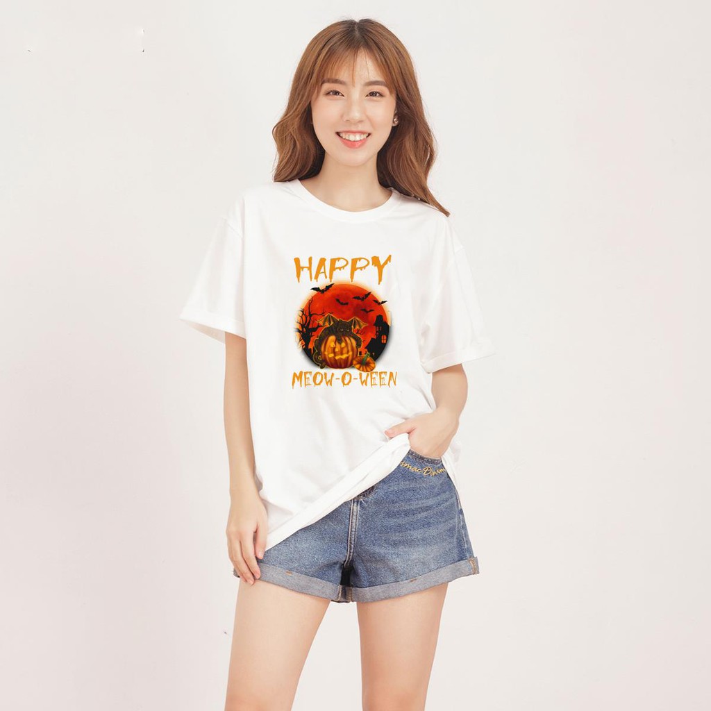 ÁO THUN UNISEX HALLOWEEN Happy Meow TAY NGẮN TAY LỠ NAM VÀ NỮ AOMI IN HÌNH SIÊU HOT AOMIVN