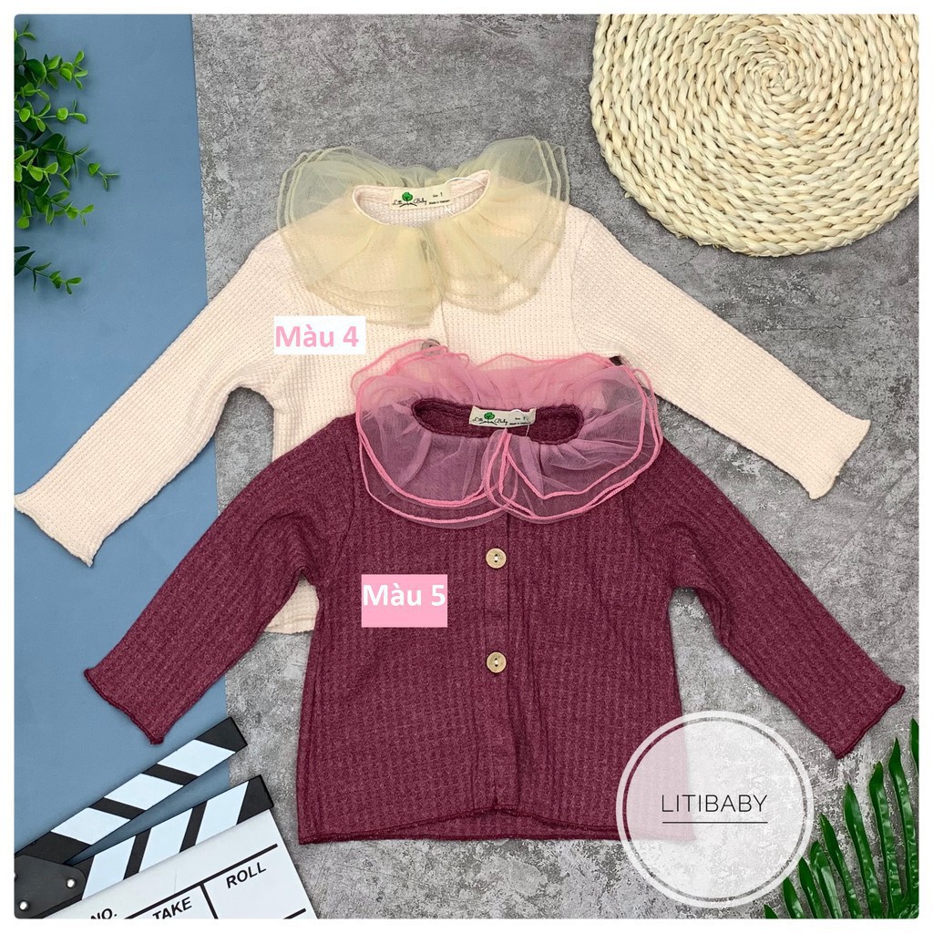 Áo len cài cúc dài tay thu đông phối cổ voan bé gái size 1-7T, cho bạn từ 9-22kg. Chất len siêu mịn, mềm