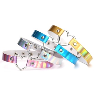 Vòng cổ Choker da PU màu hologram mặt trái tim kim loại thời trang