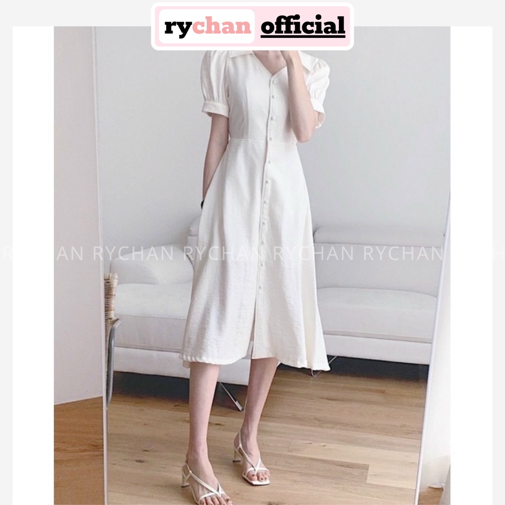 Đầm Nữ Dự Tiệc Sơ Mi Cách Tân Nút Trước Tay Ngắn Phồng Màu Trắng [ẢNH THẬT CUỐI] - DX9799