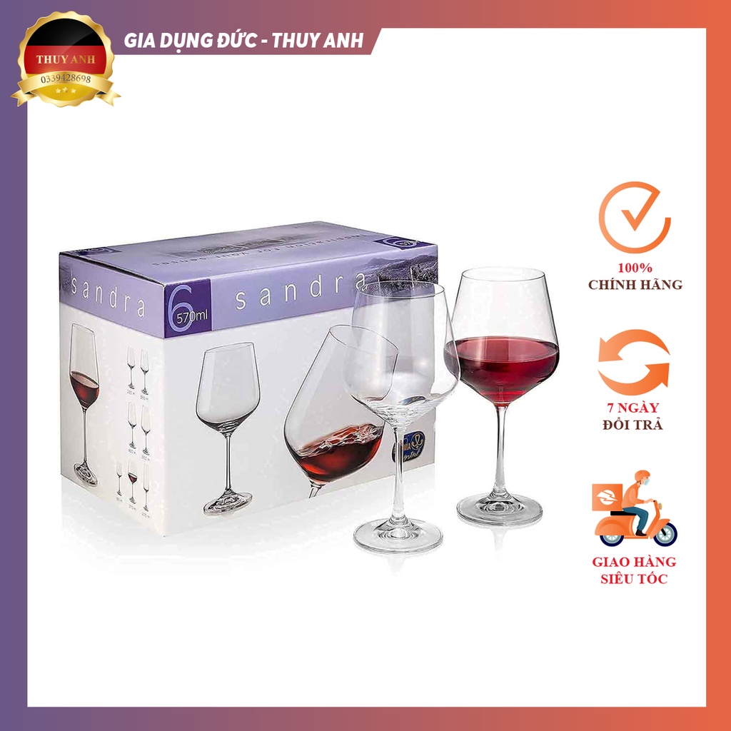 Set 6 ly vang đỏ pha lê cao cấp Bohemia Crystal Sandra 540ml và 570ml