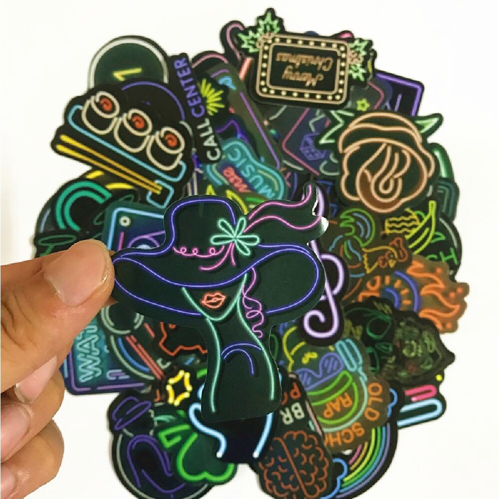 50 Miếng hình dán vinyl họa tiết vui nhộn màu neon chống thấm nước trang trí xe hơi/ xe máy