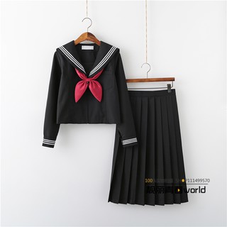 [Thuỷ Ngự] Seifuku/ Set đồng phục học sinh Nhật Bản màu đen: áo cổ thủy thủ kẻ sọc thắt nơ tai thỏ + chân váy xòe xếp ly