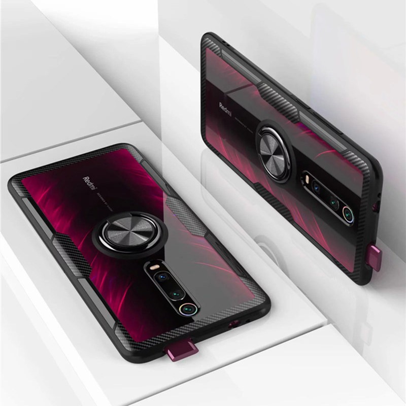 Ốp điện thoại mặt kính cường lực trong suốt có vòng đỡ móc ngón gắn trong xe hơi cho Xiaomi Redmi K20/K20 Pro K30 5G POCO X2 9T Pro